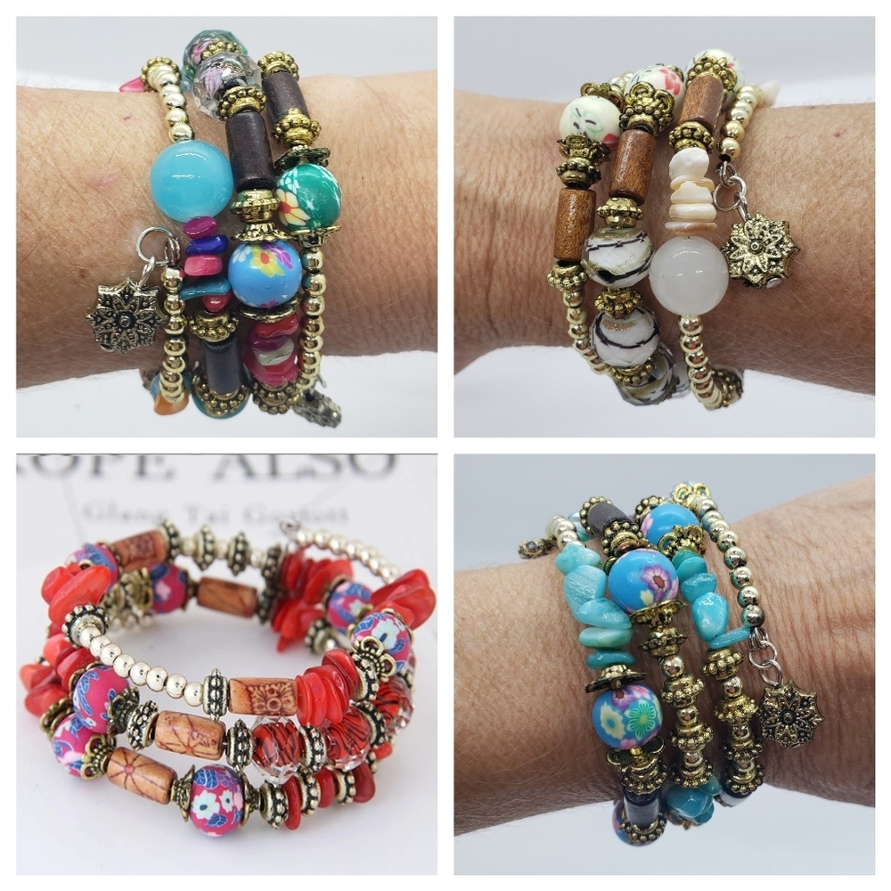 Beaded Memory Wire Bracelet In Turquoise Blue Boho - Picture 11 of 14